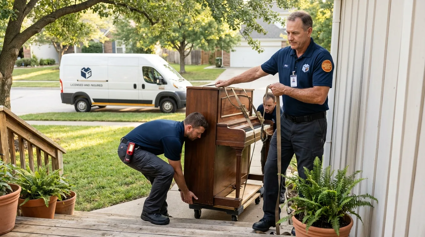 Licensed piano movers securing grand piano in Caledonia, NY
