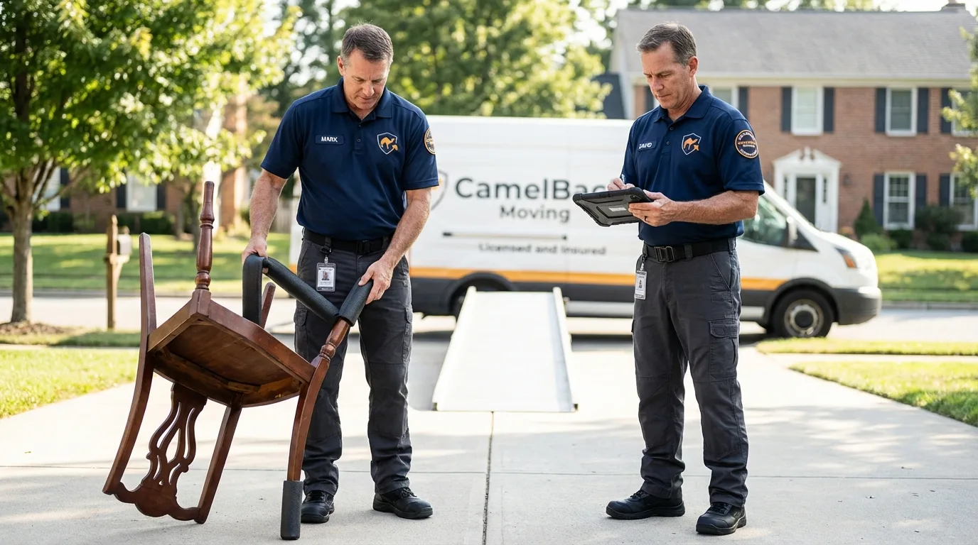 Movers inspecting furniture for damage prevention before loading in Caledonia, NY