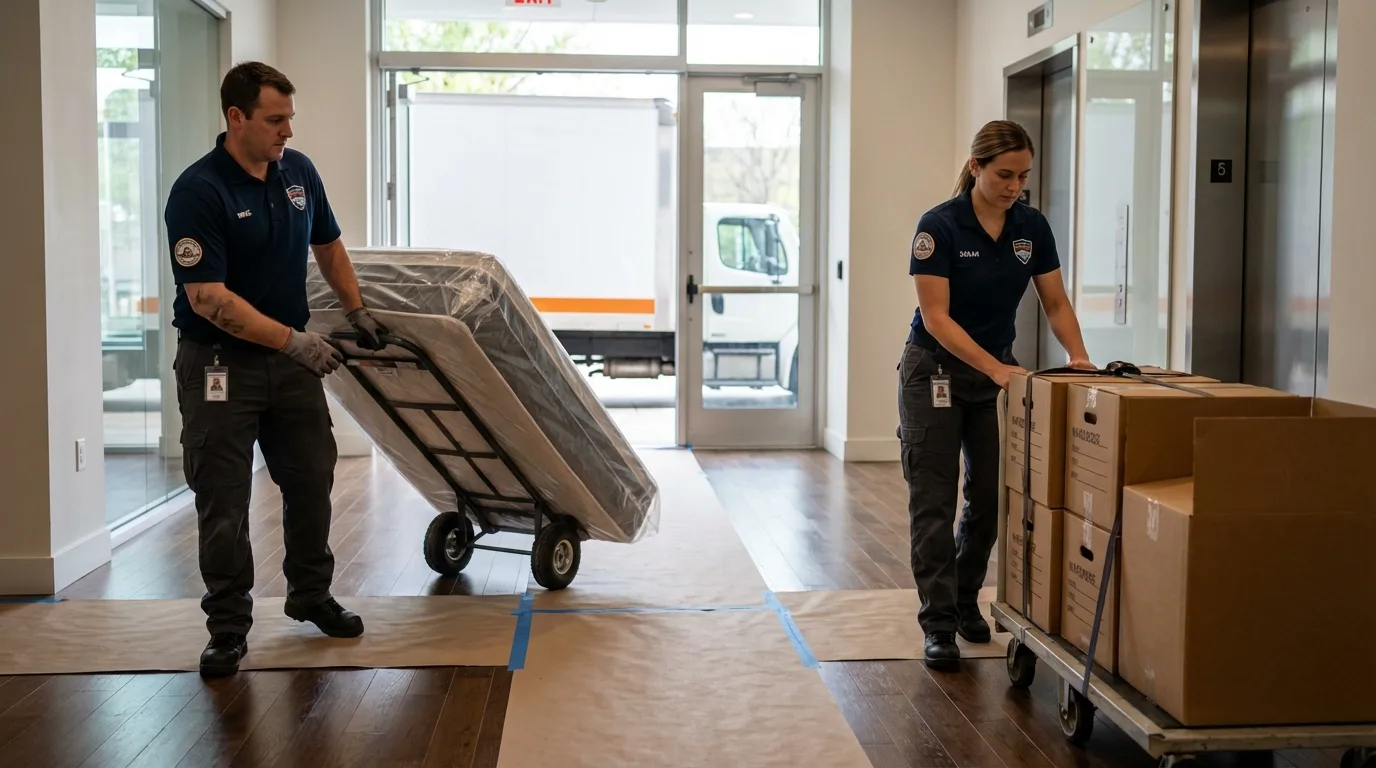 Professional apartment movers loading elevator in Caledonia, NY